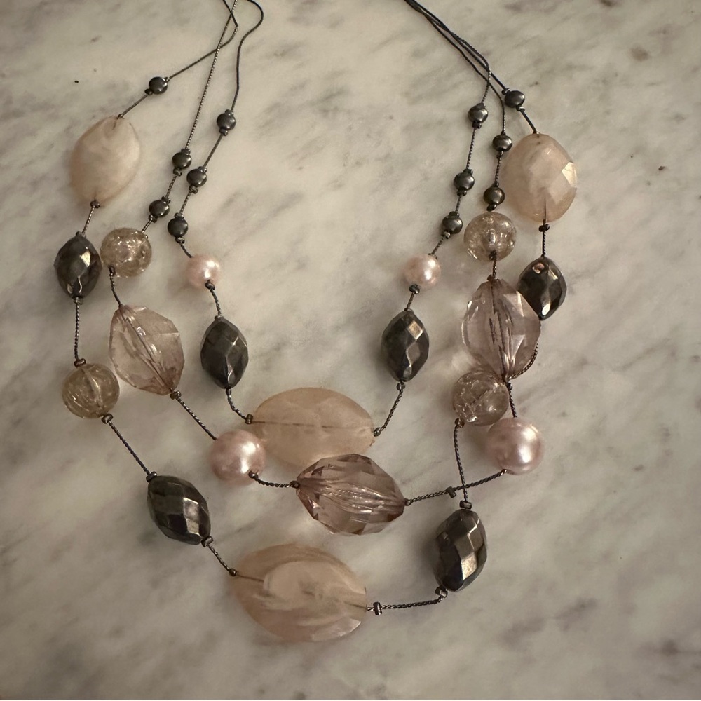 Multi-Strand Pink and Gray Beaded Necklace